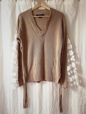 Boho French Connection Tan V-Neck Sweater with Sheer Floral Sleeves, Size Small